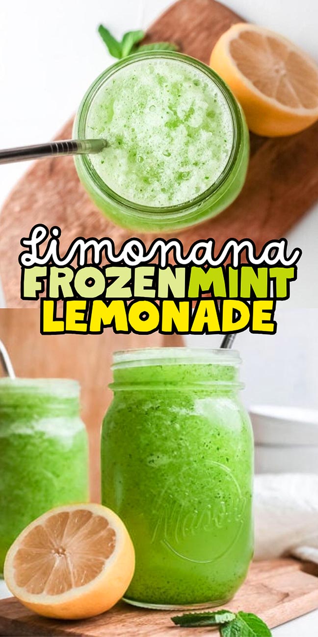 Two jars of green frozen mint lemonade with lemon halves and a metal straw on a wooden board.