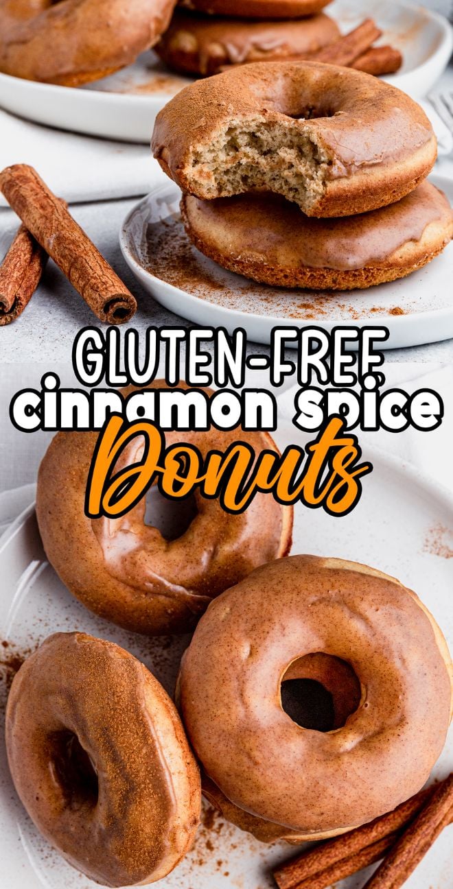 Two plates of Gluten Free Cinnamon Spice Donuts, topped with a sweet glaze—one with a donut showing a bite—are paired with cinnamon sticks for the perfect gluten free baked goods treat.