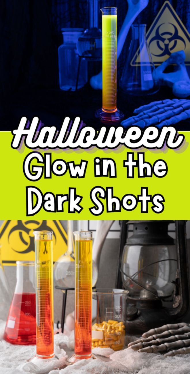 Halloween Glow in the Dark Shots served in beakers, with lab props and spooky decorations in the background—perfect for a glow in the dark drink experience.