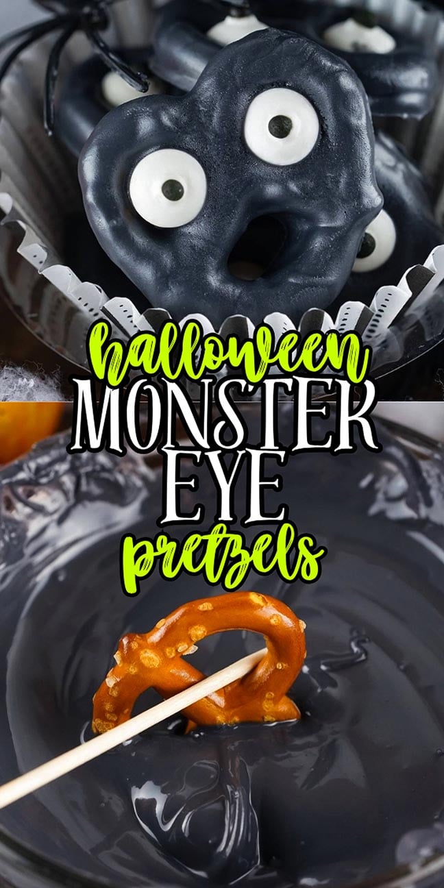 Pretzels dipped in black chocolate, topped with candy eyes, with text reading “Halloween Monster Eye Pretzels.”