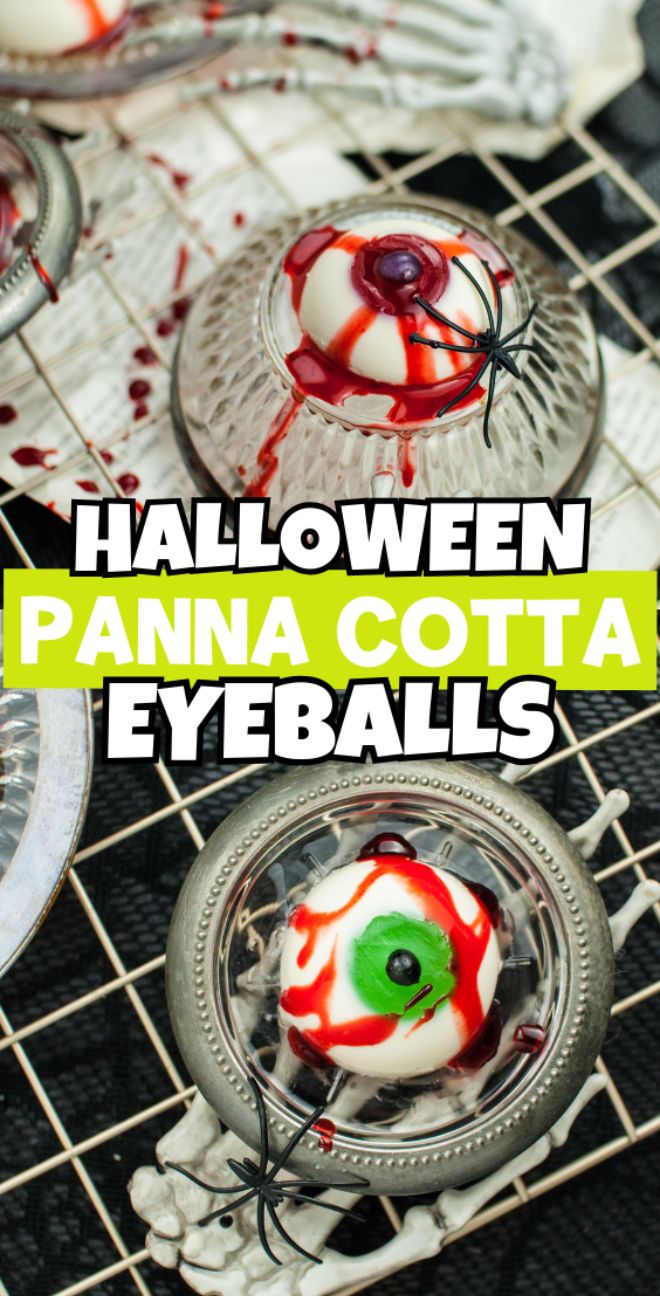 Glass bowls of Halloween Panna Cotta Eyeballs with red syrup and plastic spiders, perfect as a gluten free Halloween dessert. Spooky text overlay completes this creepy treat for your Halloween party food ideas.