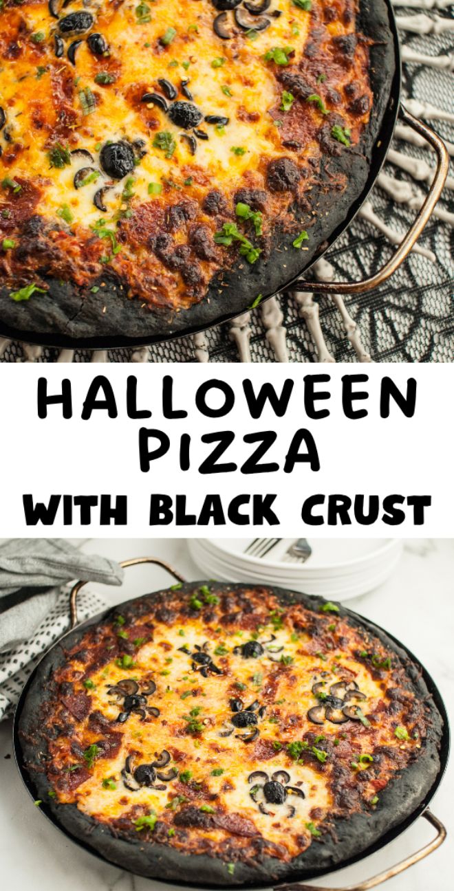Charcoal-black crust pizza topped with melted cheese, herbs, and pizza with black olive spiders—perfect for Halloween dinner menu for adults and kids. Served on a round baking pan for a spooky twist.