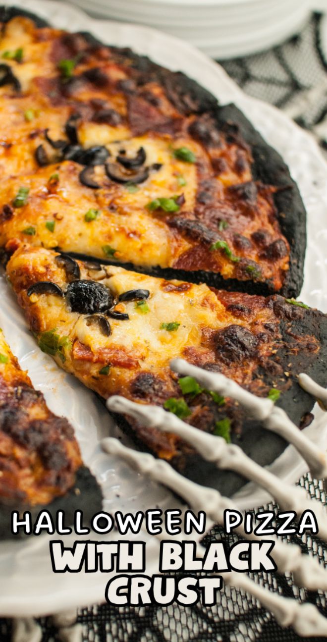 Close-up of a Halloween Pizza with Black Crust, topped with cheese, green peppers, and pizza with black olive spiders—perfect for fun Halloween pizza ideas.
