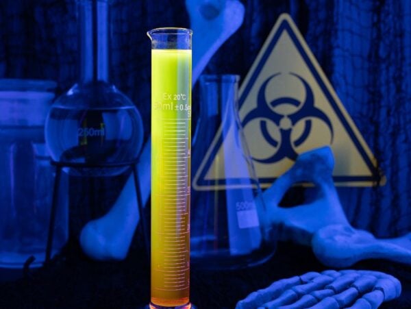 A glowing yellow liquid in a graduated cylinder with lab glassware, bones, and a biohazard sign in the background captures the essence of a fluorescent neon cocktail or glow in the dark drink perfect for Halloween.