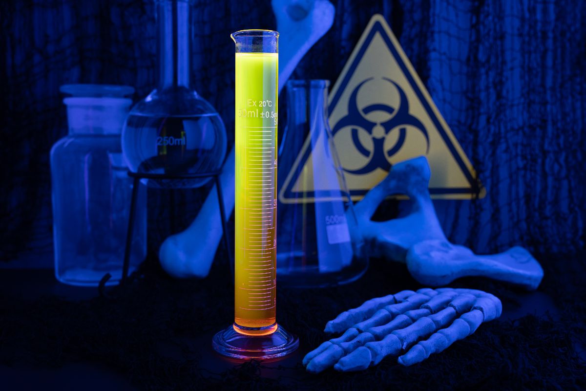 A glowing yellow liquid—like a fluorescent neon cocktail—rests in a graduated cylinder, with bones and a biohazard sign illuminating the background.