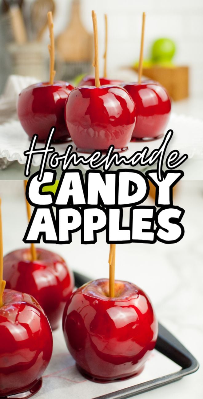 Shiny red candy coated apples on sticks with "Homemade Candy Apples" text across the center, showing off the best candied apples.