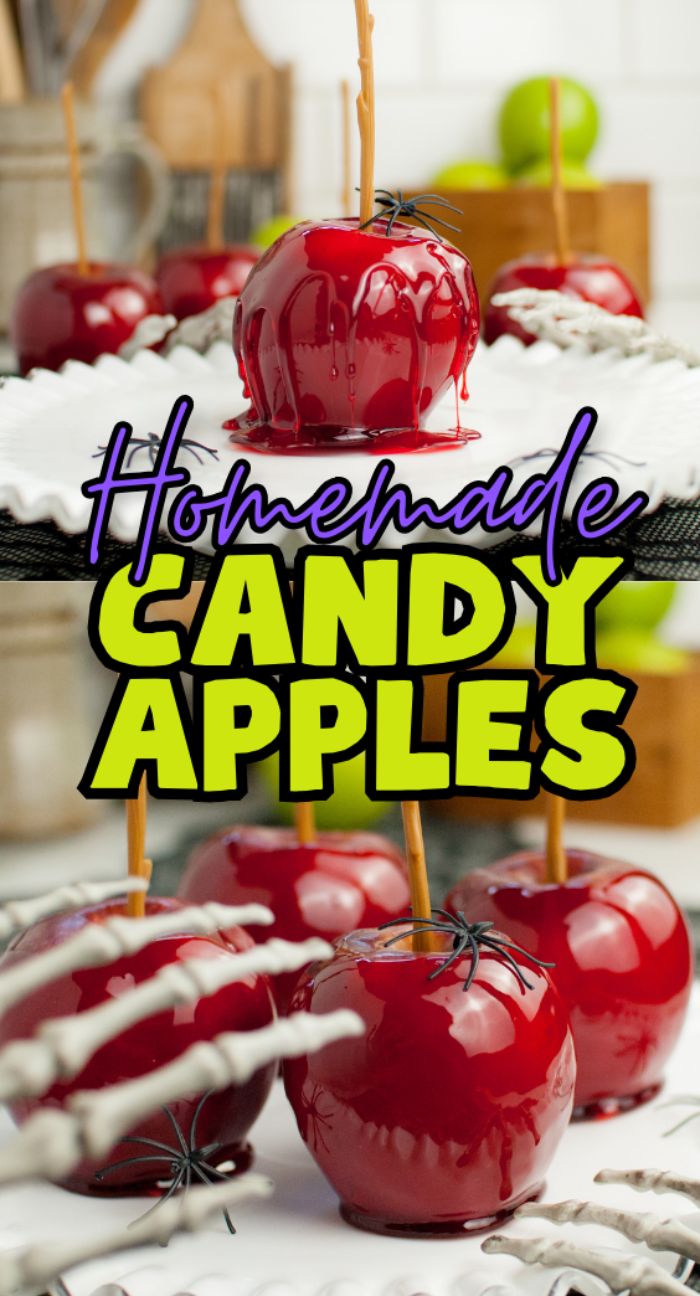 Glossy red homemade candy apples with wooden sticks on a tray, featuring the text "Homemade Candy Apples." Discover how to make candy apples on a stick and enjoy the best candied apples at home.