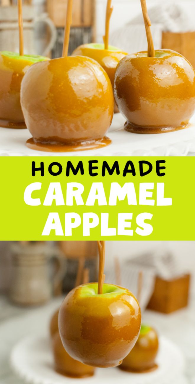 Glossy homemade caramel coated apples on sticks sit on a white plate with text reading "Homemade Caramel Apples." Discover how to make caramel apples on a stick for a delicious treat.