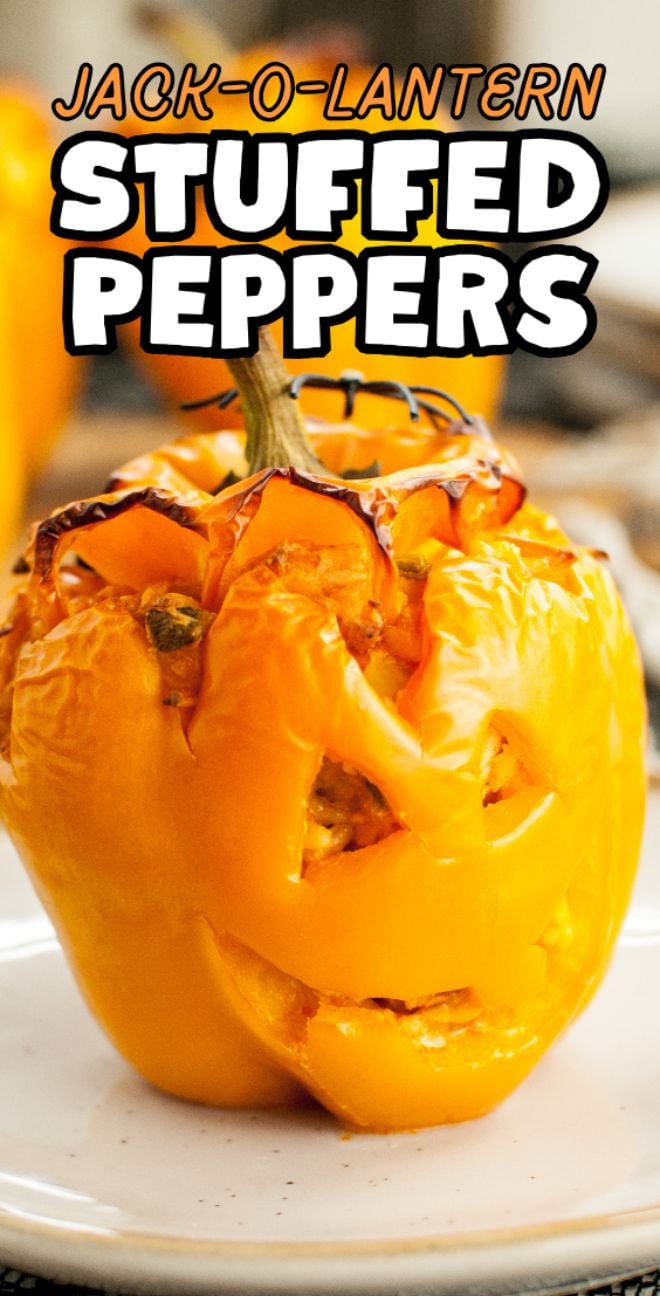 A yellow bell pepper carved like a jack-o-lantern, stuffed and placed on a plate—perfect as jack o lantern peppers for a fun Halloween dinner recipe.