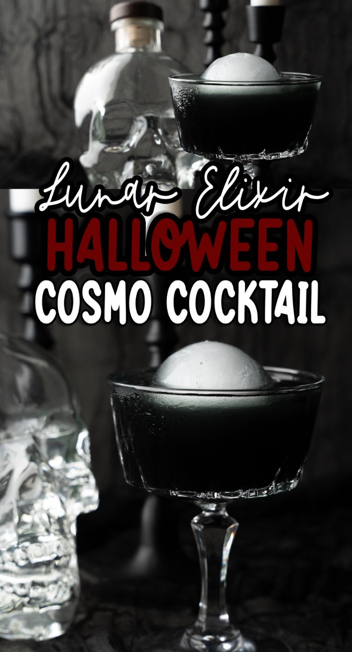 A black cocktail with an ice ball sits in a coupe glass, next to a glass skull and black candleholder—perfect as a Halloween vodka drink.