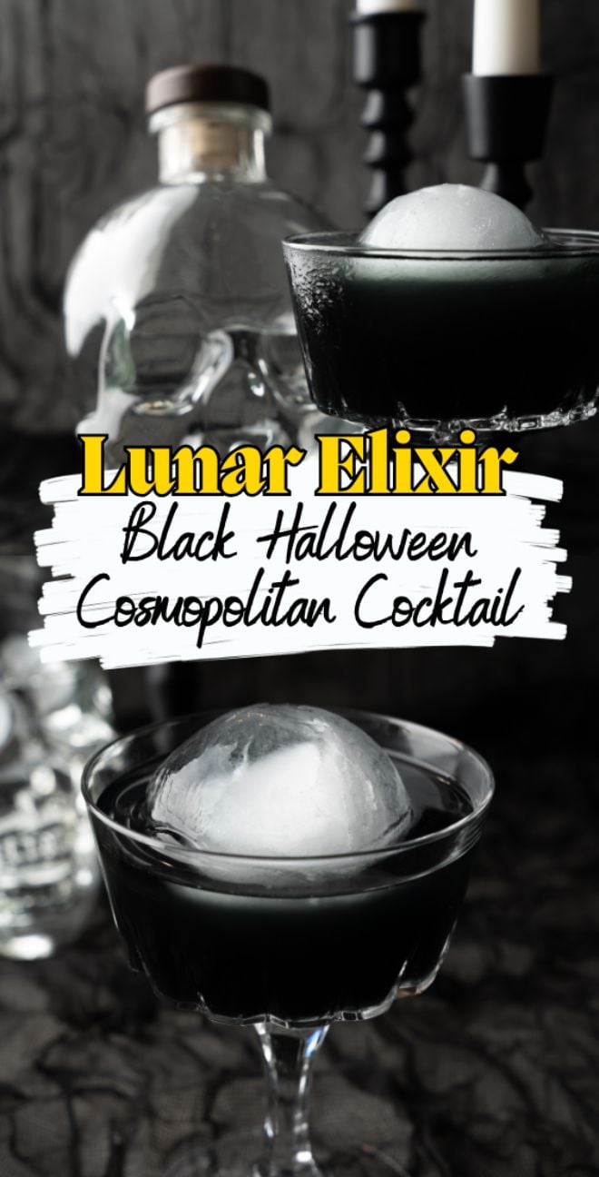 Two black cocktails with an ice ball, a glass skull bottle, and candles. Text reads: "Lunar Elixir Black Halloween Cosmopolitan Cocktail—a hauntingly stylish Halloween themed drink.
