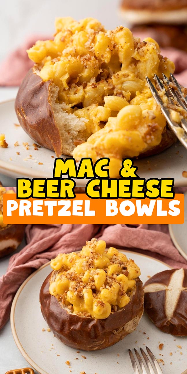 Mac and cheese served in hollowed-out pretzel bread bowls.