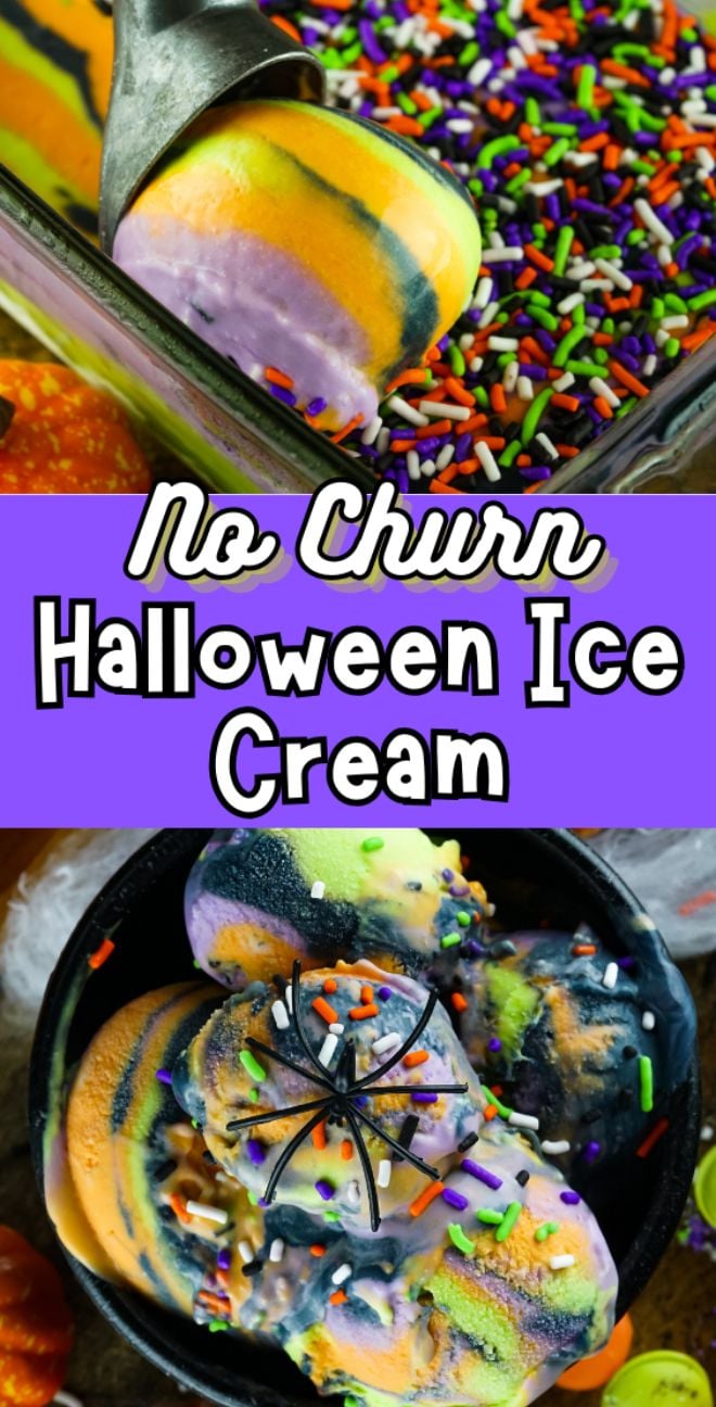 No churn frozen Halloween treats, scooped with colorful sprinkles and Halloween-themed colors, served in a black bowl—a spooky dessert with Halloween colours perfect for any party.