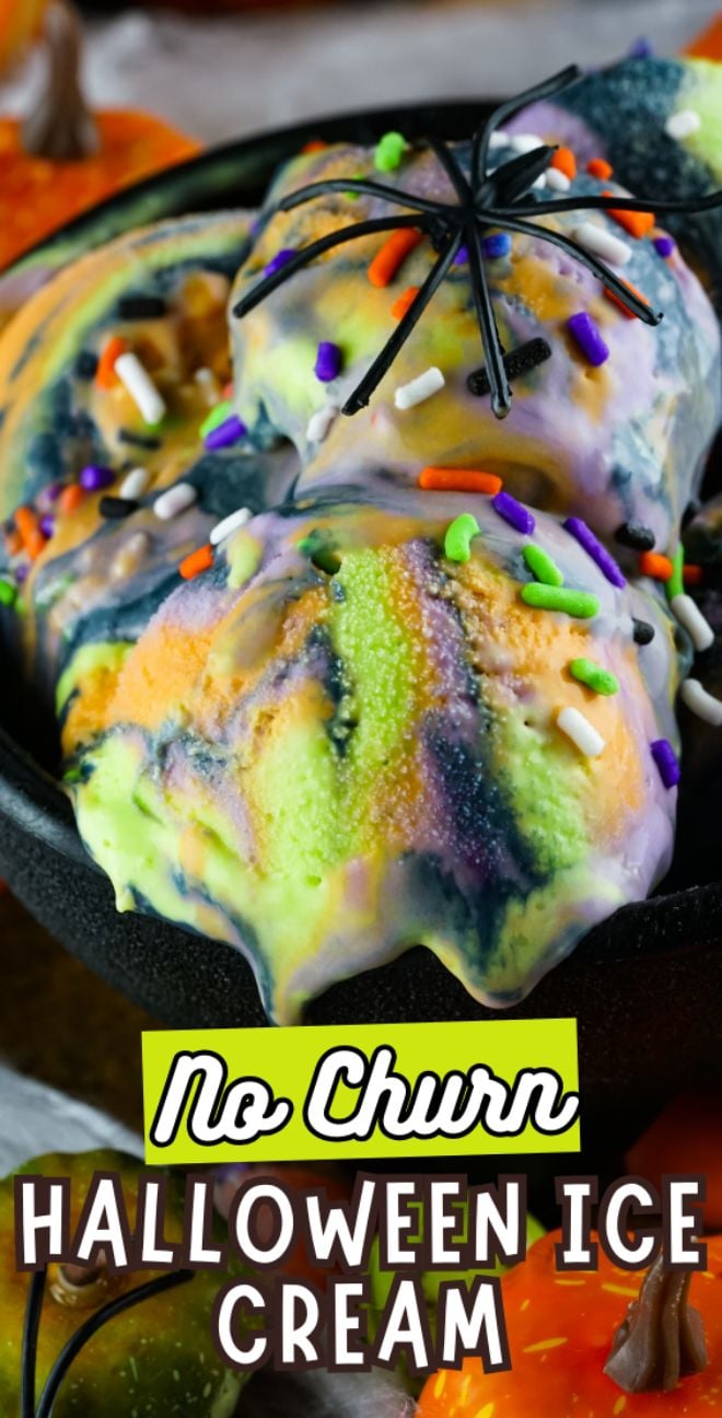 Scoops of colorful No Churn Halloween Ice Cream, birthday cake flavoured ice cream, decorated with sprinkles and a fake spider in a black bowl—perfect for fun frozen Halloween treats!.