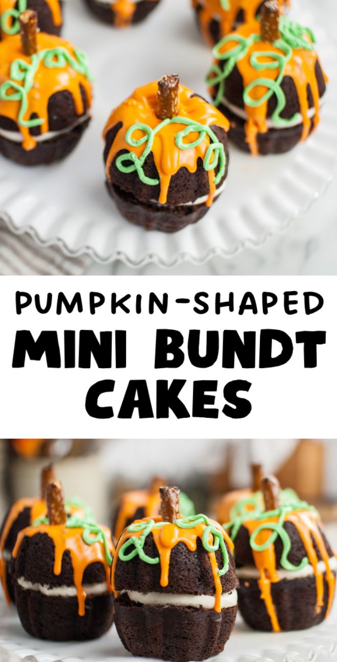 Mini Bundt cakes decorated as pumpkins with orange icing and pretzel stems on a white platter—an adorable pumpkin bundt cake perfect as a Thanksgiving or Halloween dessert.