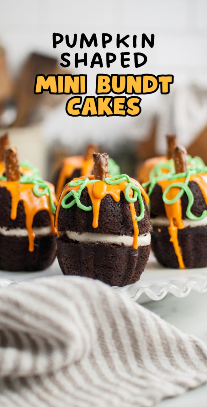 Pumpkin Shaped Mini Bundt Cakes: chocolate mini bundt cakes decorated as pumpkins with orange and green icing, plus pretzel stems on top. A fun and festive twist for anyone curious about how to make a pumpkin shaped cake!.