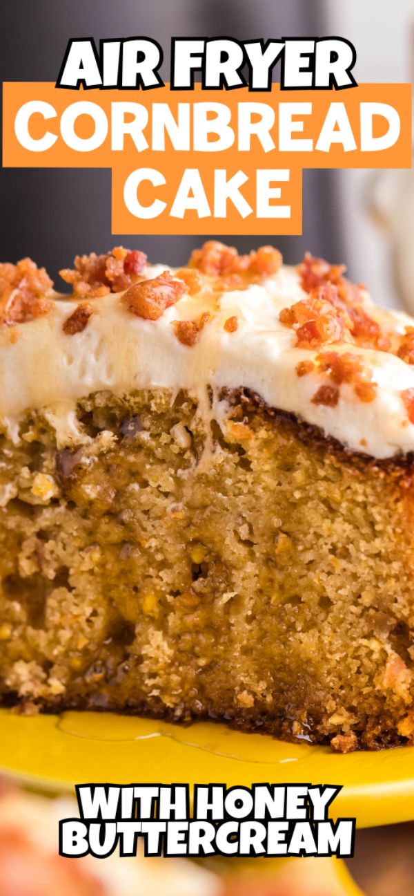 A slice of sweet cornbread with icing, featuring honey buttercream frosting and bacon bits—this air fryer cornbread recipe offers a delightful twist on a classic favorite.