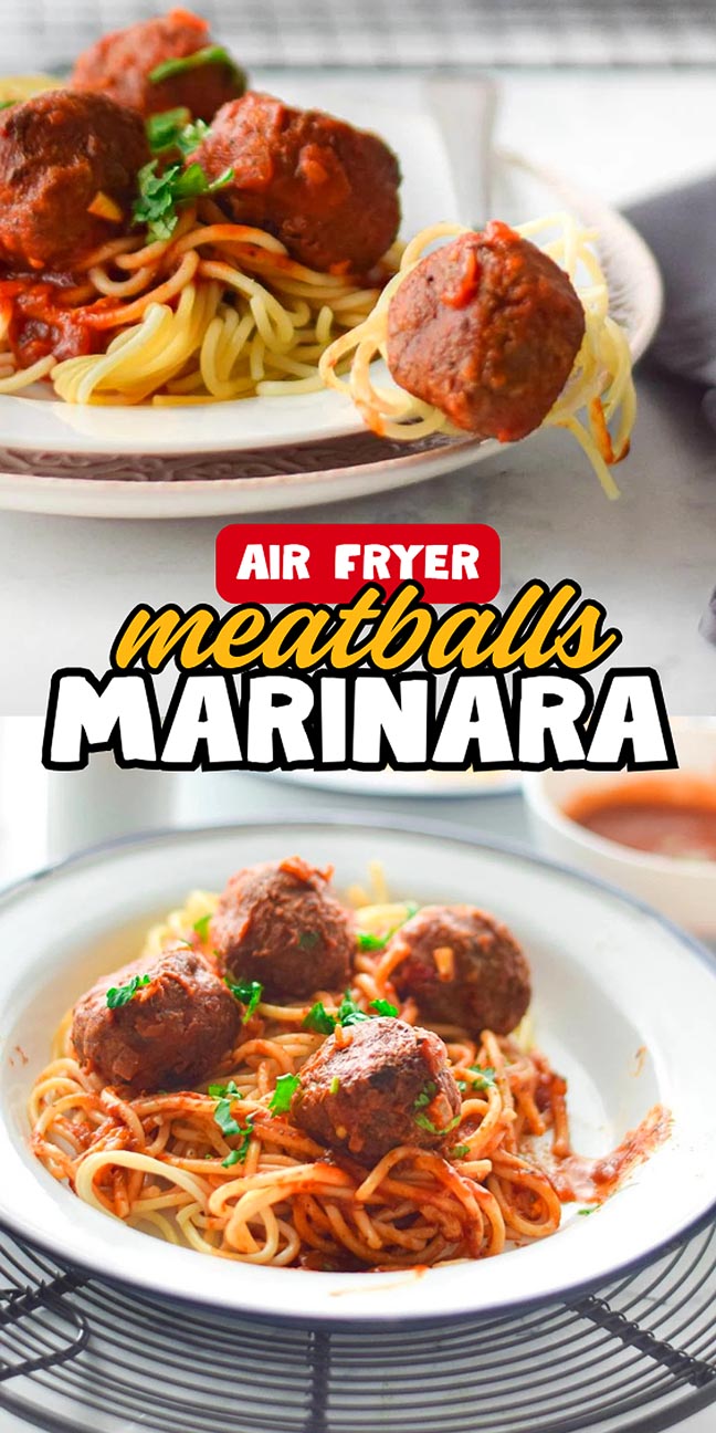 Two plates of spaghetti with marinara sauce and air-fried meatballs, garnished with parsley.