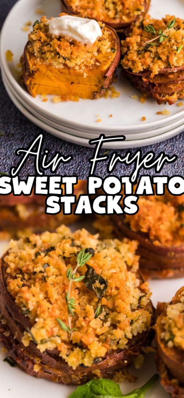 Air fryer sweet potato stacks made with thin sliced sweet potato, topped with crispy crumbs and herbs, served on a white plate with sour cream.
