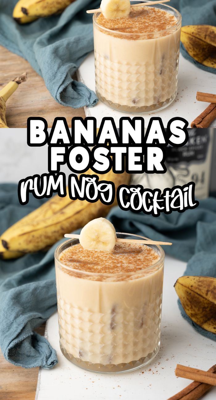 A creamy banana cocktail made with black spiced rum in a glass, topped with a banana slice and cinnamon, surrounded by bananas and spices.