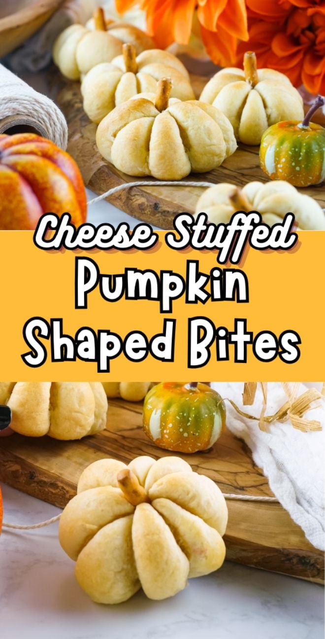 Cheese-stuffed, pumpkin-shaped pastry bites made with a Crescent Roll Hack, served on a wooden board with decorative pumpkins—perfect as a fun snack for Thanksgiving or Halloween.