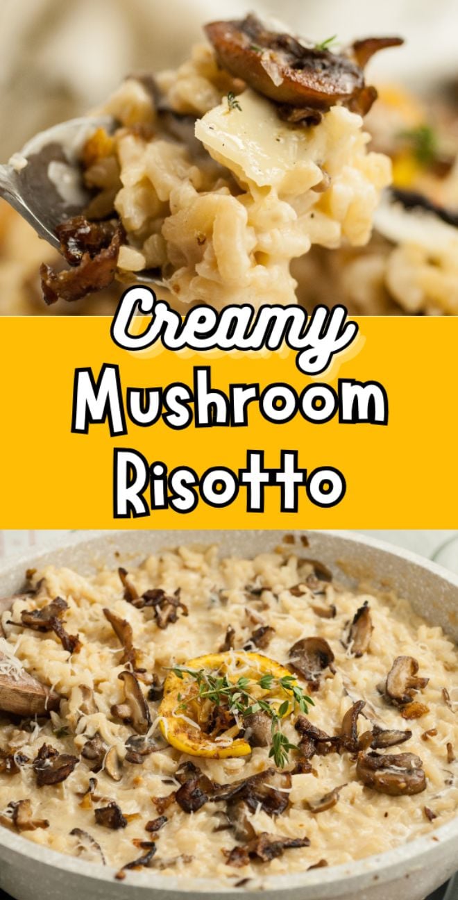 Creamy mushroom risotto featuring shiitake and cremini (baby bella) mushrooms, topped with fresh herbs and sautéed mushrooms in a bowl—perfect as a side dish for chicken or turkey.
