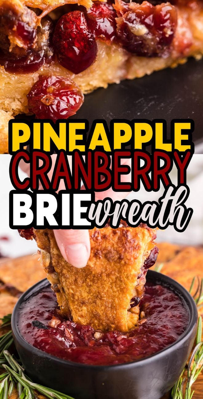 Close-up of a cranberry brie wreath being dipped into cranberry sauce, surrounded by rosemary—this festive crescent wreath appetizer is perfect for any holiday gathering.