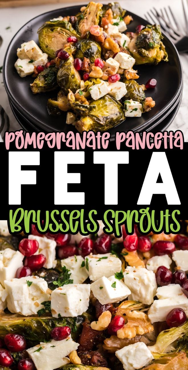 Close-up of brussels sprouts with feta, pancetta, walnuts, and pomegranate seeds on a plate—an ideal Autumn or Thanksgiving side dish.