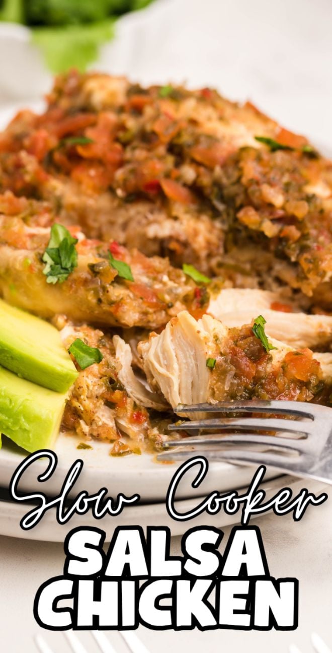Shredded salsa chicken with avocado slices on a plate, labeled "Slow Cooker Salsa Chicken"—an easy keto chicken crock pot recipe perfect for a quick and flavorful dinner.