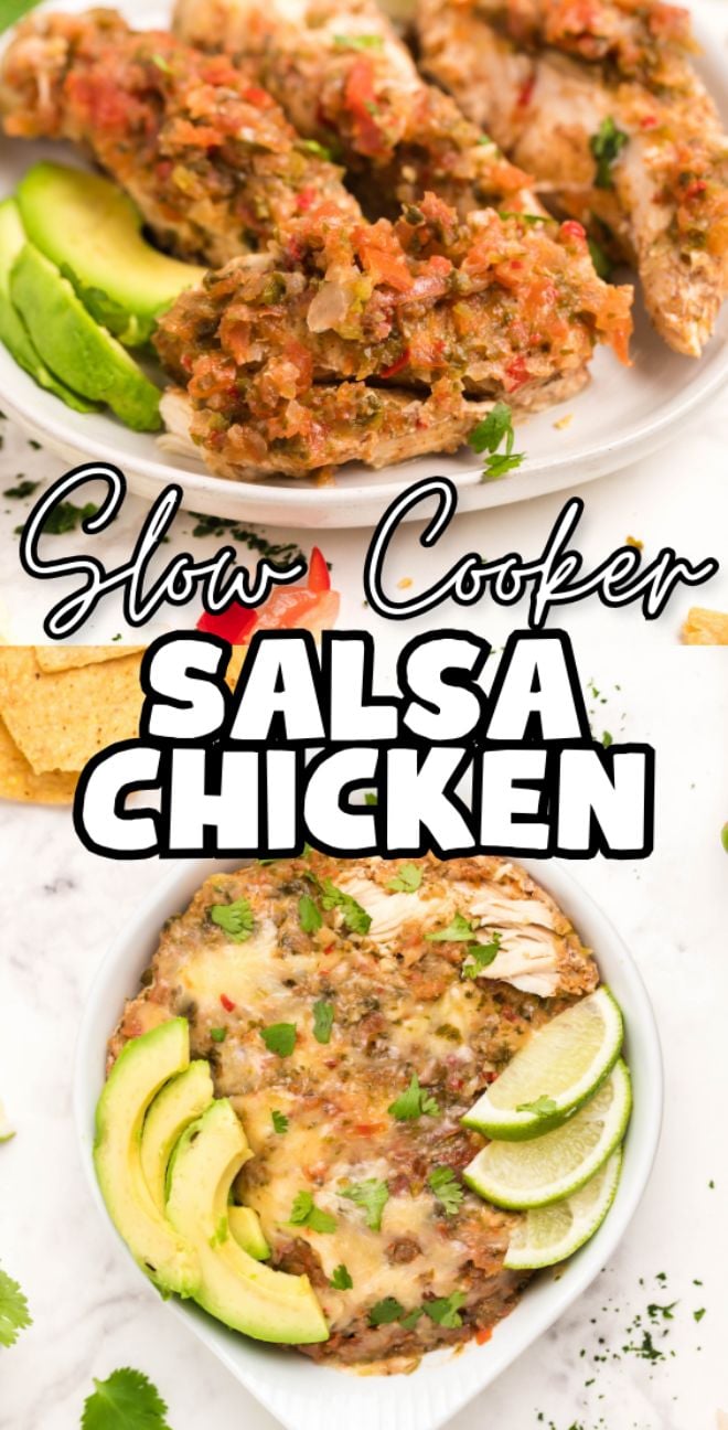 Two bowls of salsa chicken made with chicken breasts, topped with avocado slices, lime wedges, and fresh herbs—a perfect easy keto chicken dinner or slow cooker dinner recipe.