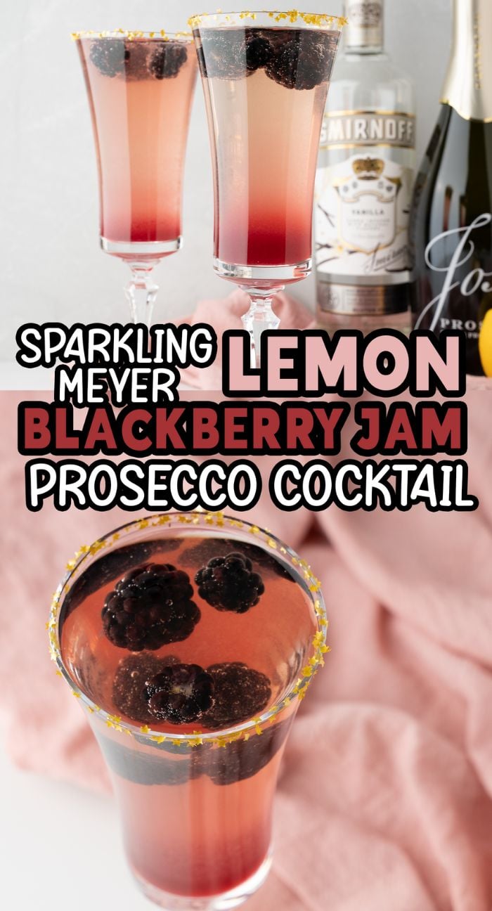Two glasses of pink sparkling cocktail with blackberries, syrup bottles, and text for a Lemon Vodka Prosecco Cocktail—an easy, simple prosecco drink perfect for your Christmas or New Year’s Eve celebration.