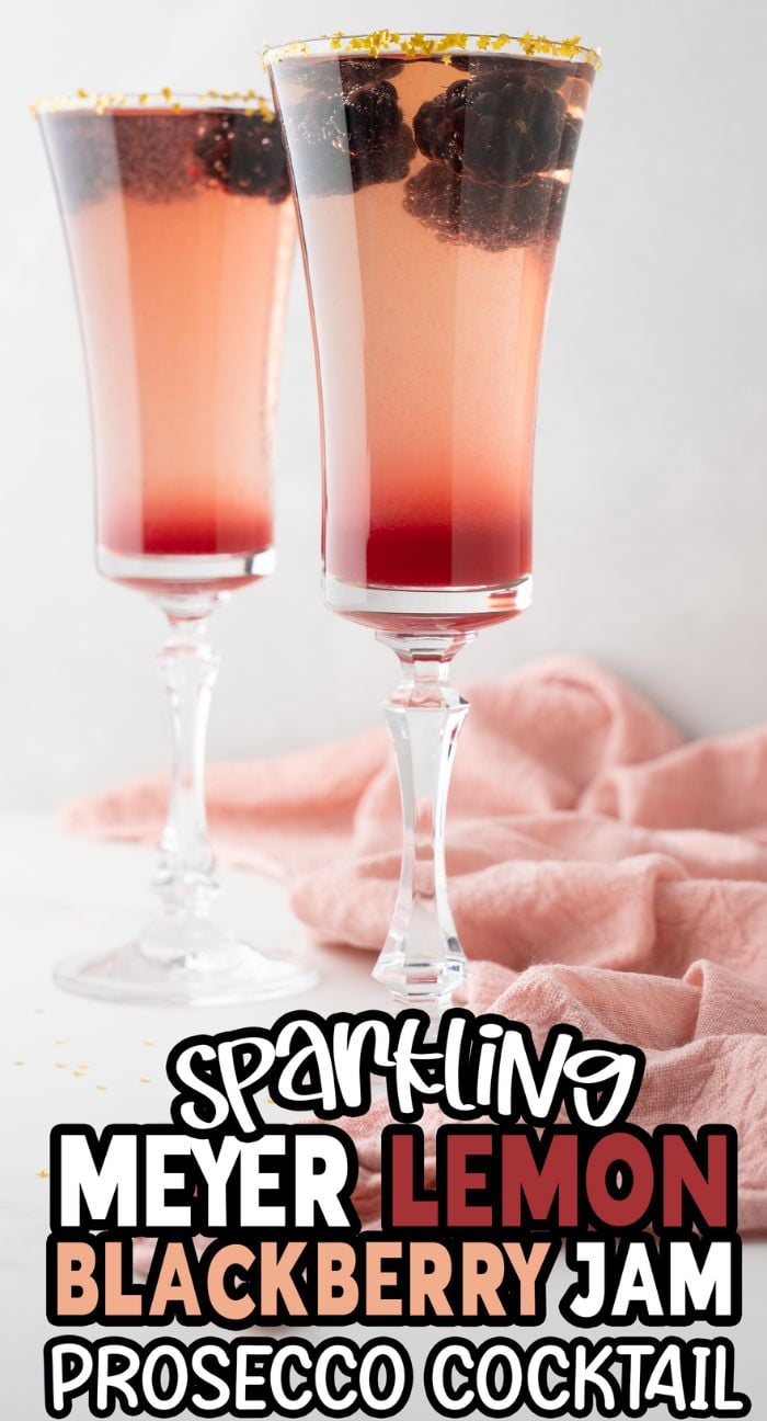 Two glasses of Lemon Berry Prosecco Cocktail, made with Meyer lemon blackberry syrup, are garnished with berries and gold sprinkles on a light surface—a simple prosecco drink perfect for any celebration.
