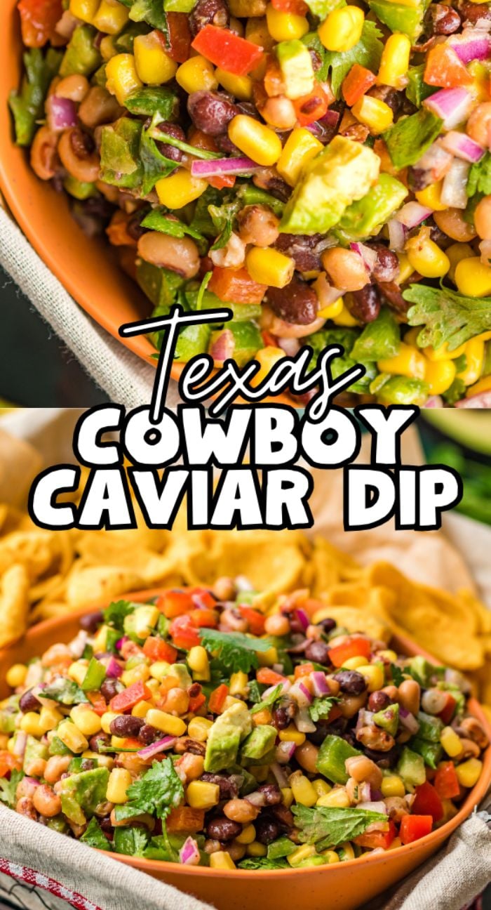 Colorful Texas Cowboy Caviar Dip with corn, black beans, and veggies in a bowl, surrounded by tortilla chips—a vibrant bean and corn salsa that’s the perfect healthy summer BBQ dip.