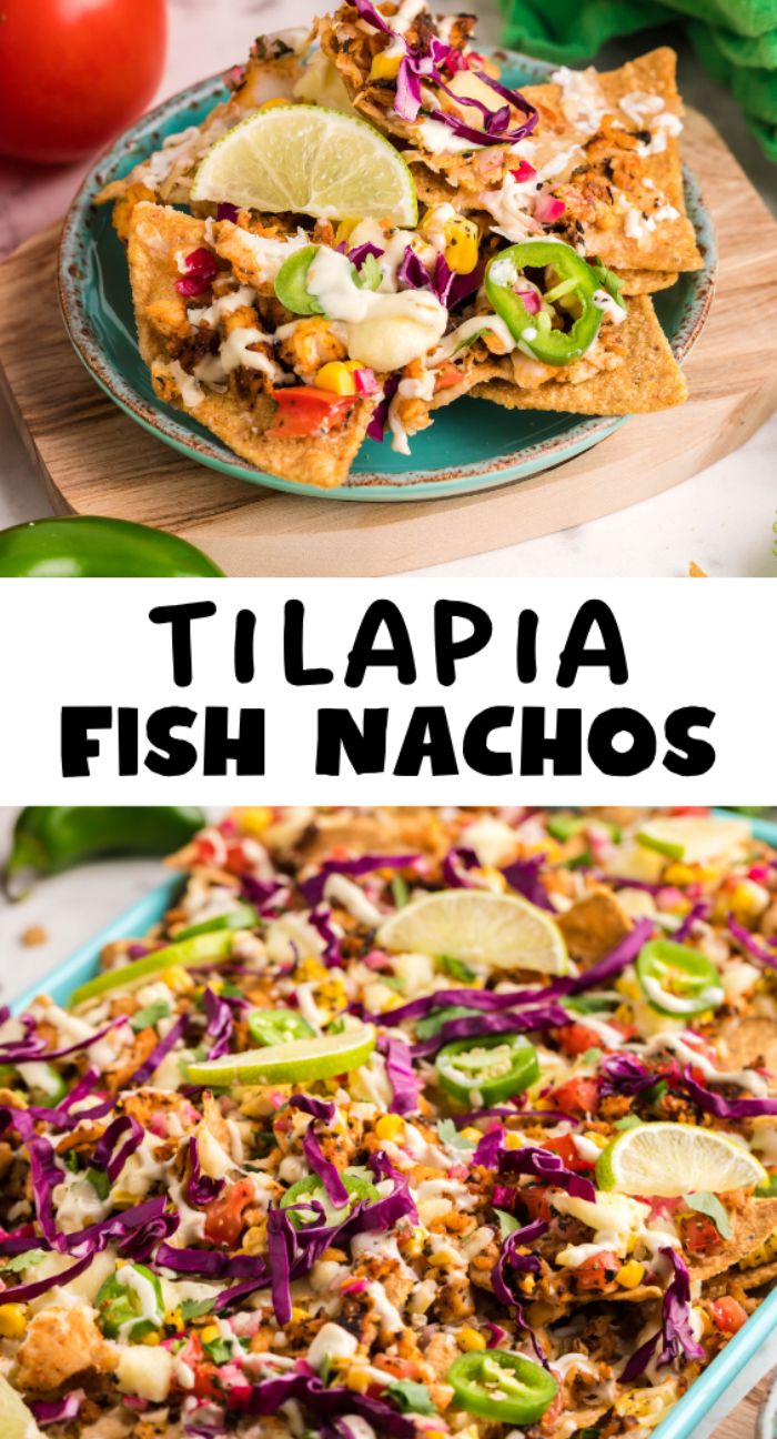 Two plates of tilapia fish nachos, a delicious seafood nachos recipe, are topped with cabbage, jalapeños, lime wedges, and sauce—perfect for baked loaded nachos or topping ideas.