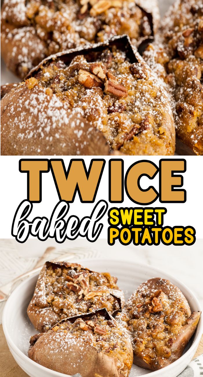Twice baked sweet potatoes and pecans are topped with powdered sugar, served warm on a white plate for a deliciously cozy treat.