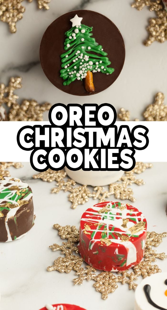 Chocolate Covered Oreo Christmas Cookies decorated with festive Christmas tree and holiday patterns make for easy Oreo cookie ideas on a white background.