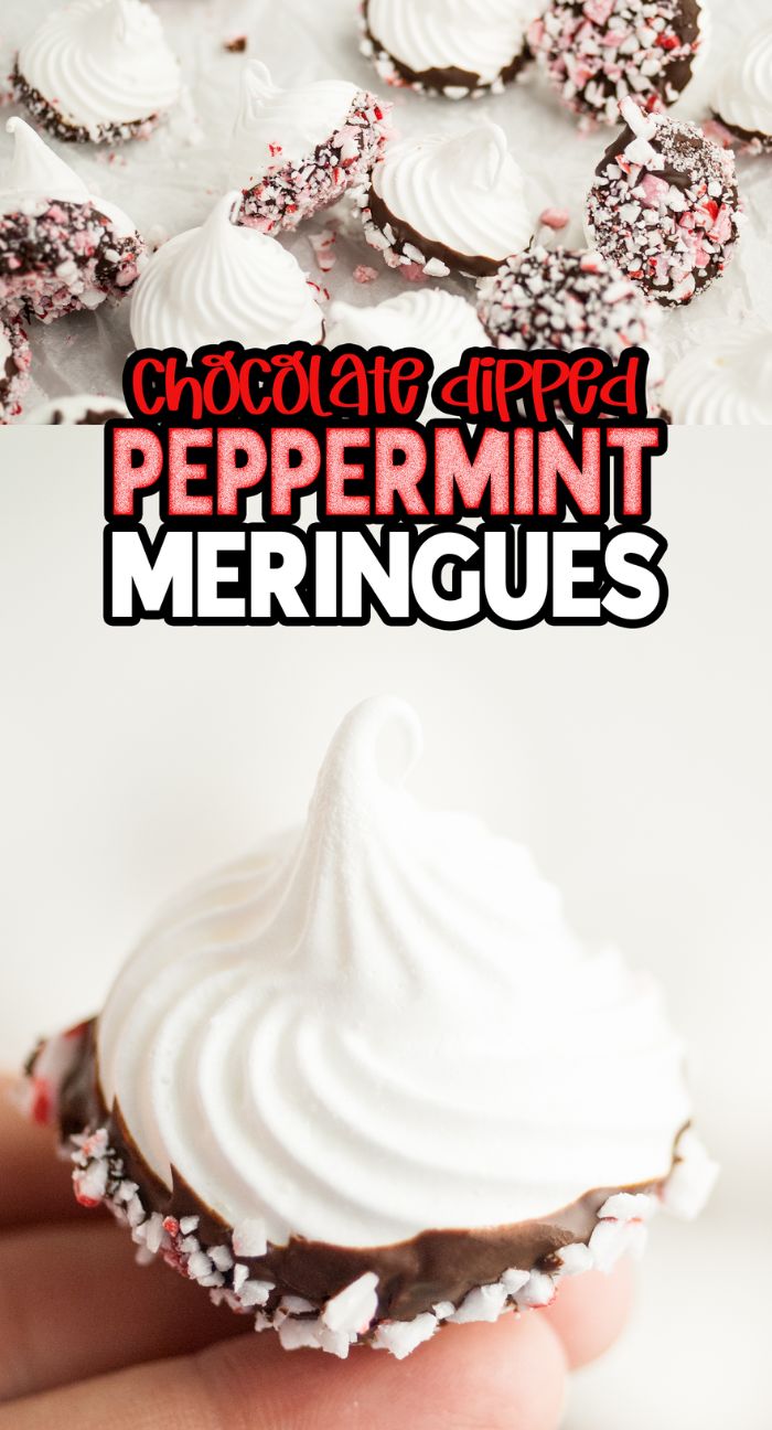 A close-up of Chocolate Dipped Peppermint Meringues, with each dipped meringue kiss coated in chocolate and candy cane, held delicately by hand.