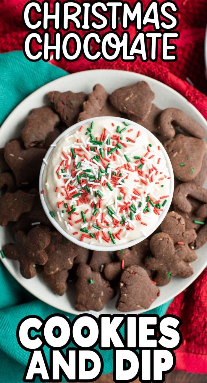 Plate of sugar cookie dippers with a bowl of Cookies and Buttercream Dip, topped with festive red, green, and white sprinkles—perfect for your Christmas party!.