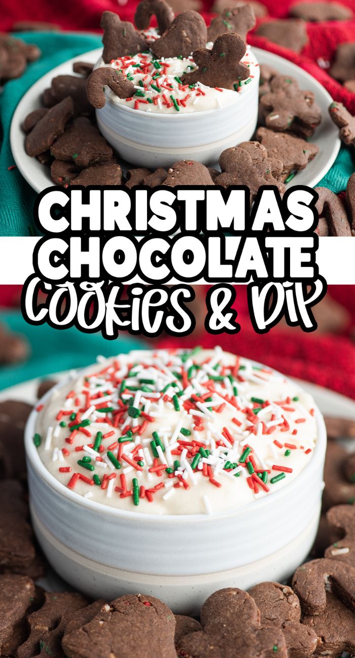 A bowl of white dip topped with festive sprinkles, surrounded by chocolate cookies—perfect for Christmas Chocolate Cookies and Dip or as sugar cookie dippers with creamy buttercream.