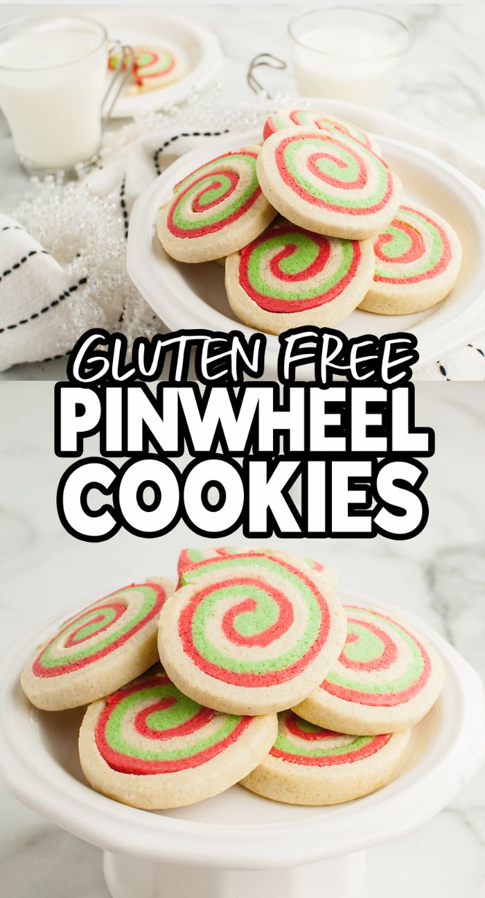 Plate of red and green Christmas cookies, swirled into a festive christmas cookie roll, sit gluten free by glasses of milk on a white background—perfect for gluten free holiday baking.