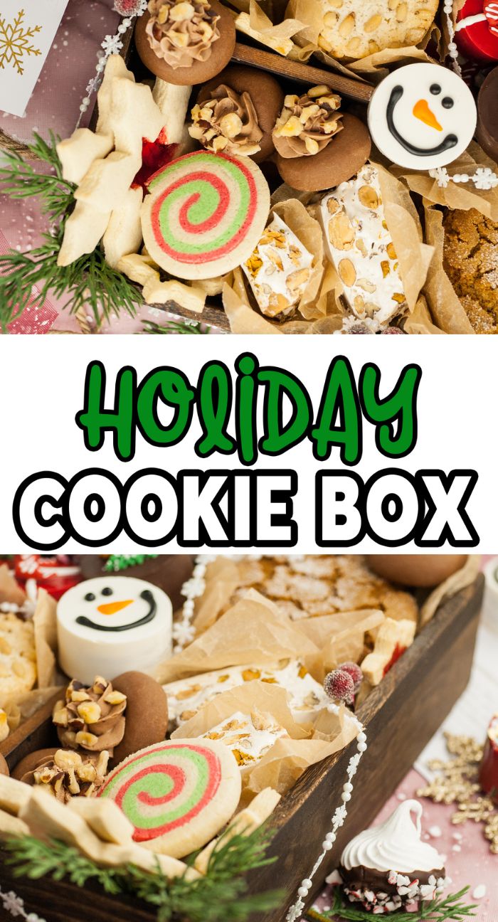 A festive Holiday Cookie Box filled with assorted holiday cookies, candies, and treats, including a charming snowman cookie—perfectly presented in cheerful cookie gift box packaging.