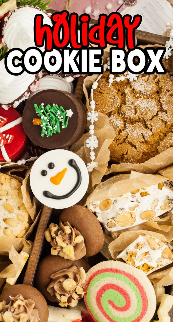 Assorted holiday cookies and treats arranged in a box with festive decorations, perfect for gifting. Our Holiday Cookie Box features creative cookie gift box packaging and a cheerful "Holiday Cookie Box" label.