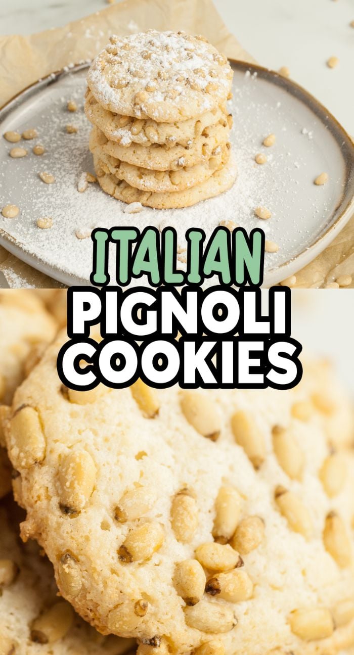 Stack of Italian Pignoli Cookies—classic almond and pine nut cookies—topped with powdered sugar and pine nuts on a plate. Perfect for easy gluten free holiday baking.