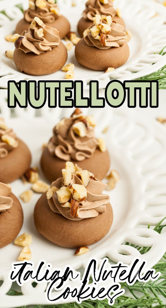 Nutellotti - Italian Nutella Cookies: Nutella-filled cookies topped with chocolate cream and chopped hazelnuts on a white plate—perfect nutella Christmas cookies for any festive table.