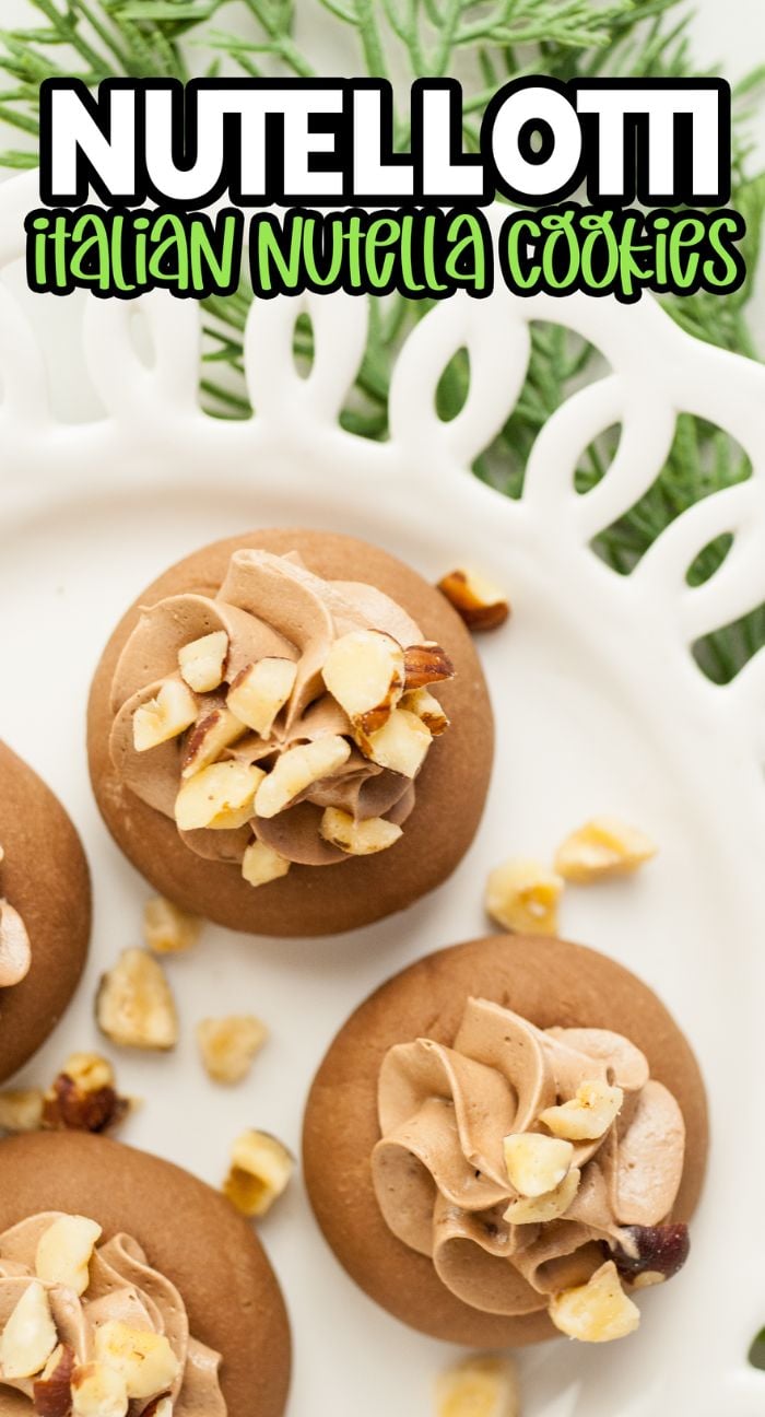 Three Nutellotti - Italian Nutella Cookies, also known as Nutella thumbprint cookies, topped with creamy Nutella and chopped hazelnuts on a white plate—perfect for anyone seeking recipes that use Nutella.