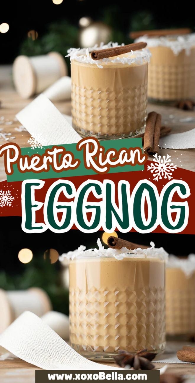 Two glasses of coconut eggnog, also known as Coquito Con Dulce De Leche – Puerto Rican Eggnog, are topped with coconut, cinnamon sticks, and festive decorations for the best coquito recipe experience.