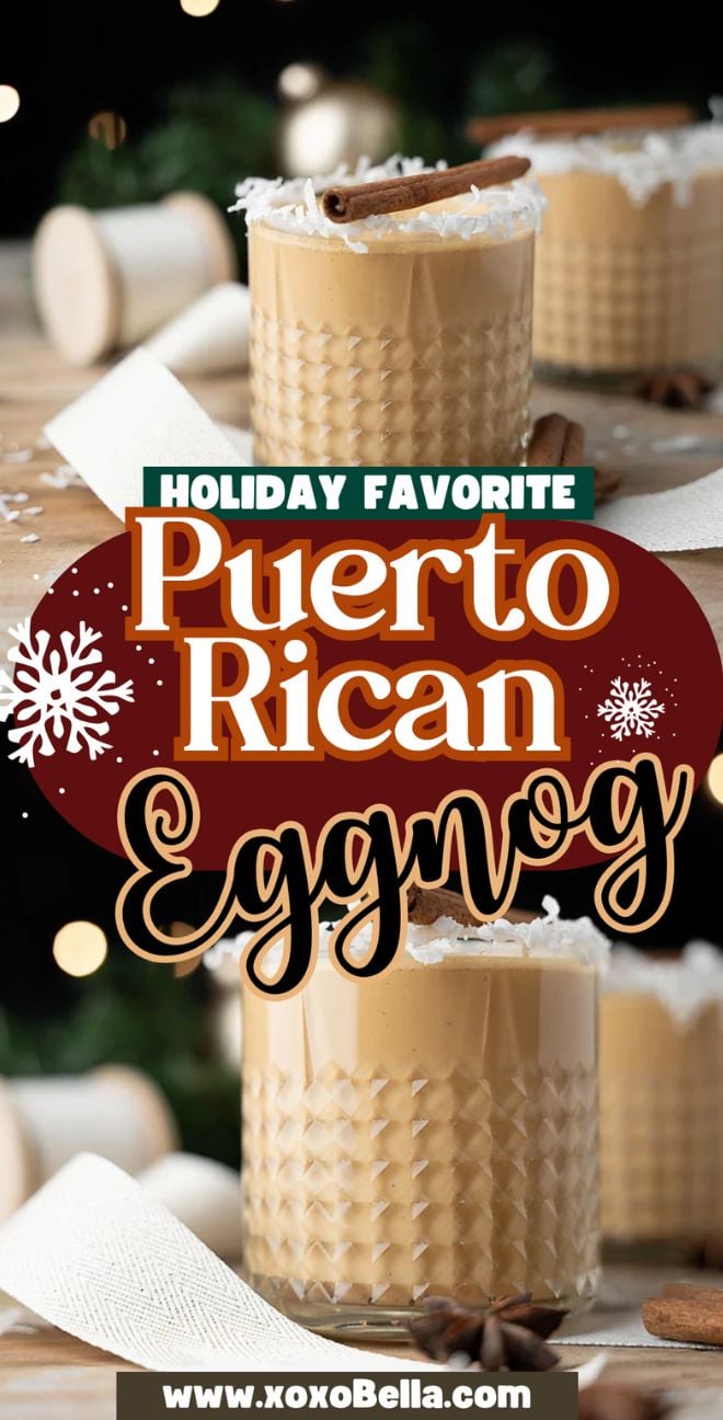 Two glasses of homemade coquito, a classic Puerto Rican rum eggnog with cinnamon sticks, garnished with coconut, on a festive holiday table.