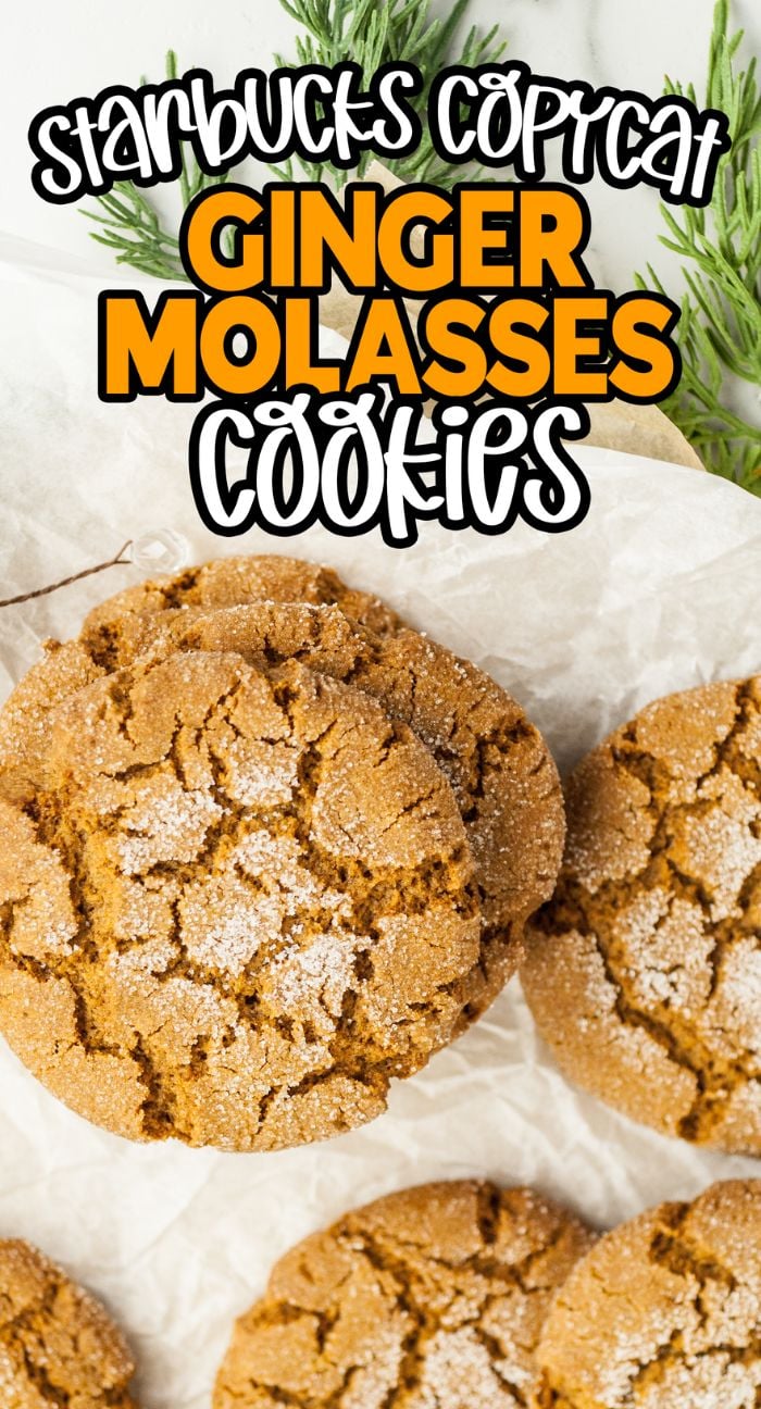 Homemade Starbucks Christmas cookies: ginger molasses with sugar on top, arranged on parchment paper, with text overlay.