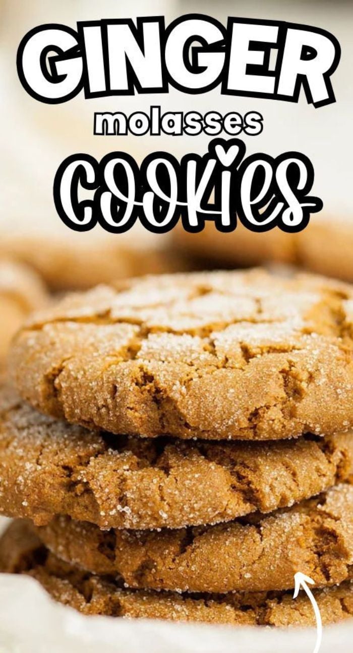 Stack of sugar-dusted ginger molasses cookies with bold text reading "Ginger Molasses Cookies" above them—just like Starbucks Copycat Ginger Molasses Cookies.