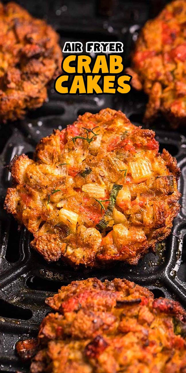 Golden brown crab cakes on an air fryer tray, with text reading “Air Fryer Crab Cakes” above them.